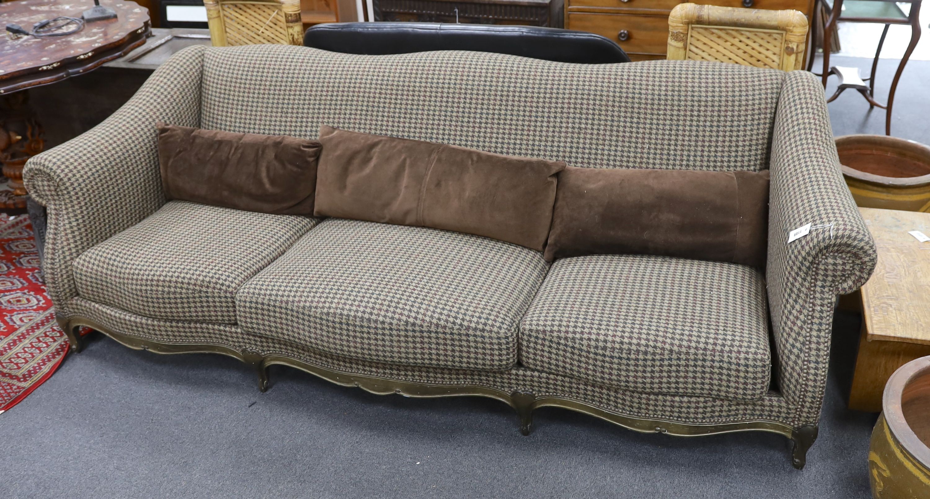 A large Louis XV style scroll arm sofa upholstered in a tweed type fabric, length 240cm, depth 96cm, height 82cm